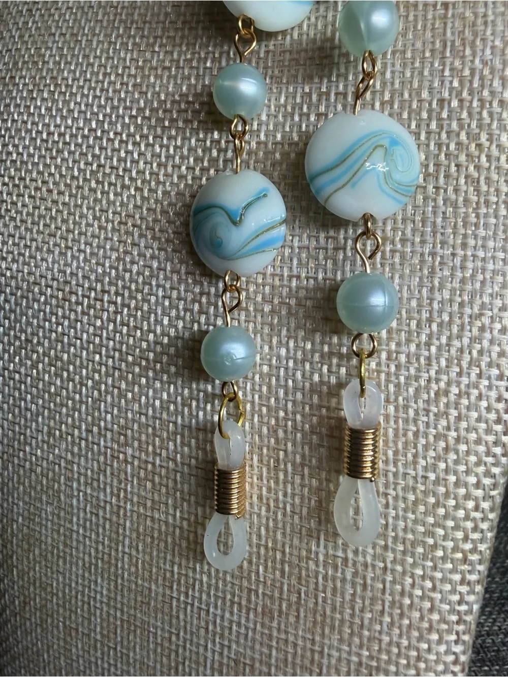 Handmade Aqua Swirl Beaded Eyeglass Chain with Faux Pearl Accents